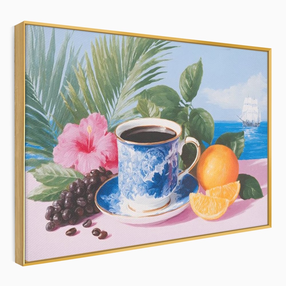 Tablou canvas cu natura moarta cu ceasca de cafea si portocale, in rama de aluminiu auriu